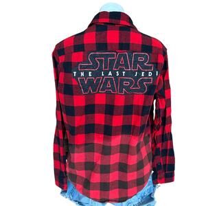 Star Wars Last Jedi Plaid Flannel Shirt MEDIUM Red Shacket Oversized One of Kind